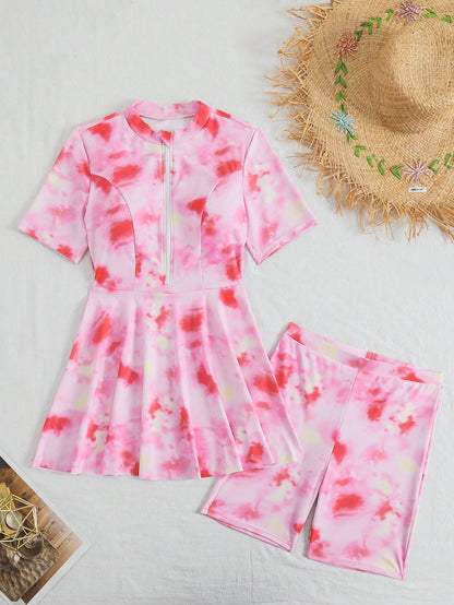Swim Mulvari New Summer 2-Piece Set Print Random Round Neck Half Sleeve Front Zipper Swimsuit And Half Length Bottom Burkini Swimwear Set Beach Tie Dye Modest