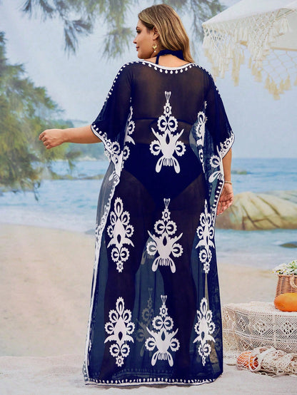 Swim Mulvari Plus Size Loose Fit Printed Kaftan Dress, Middle Eastern Conservative Style, Fashion Beach Cover-Up