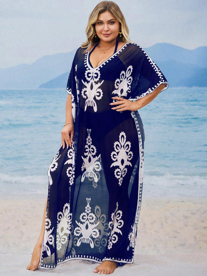 Swim Mulvari Plus Size Loose Fit Printed Kaftan Dress, Middle Eastern Conservative Style, Fashion Beach Cover-Up