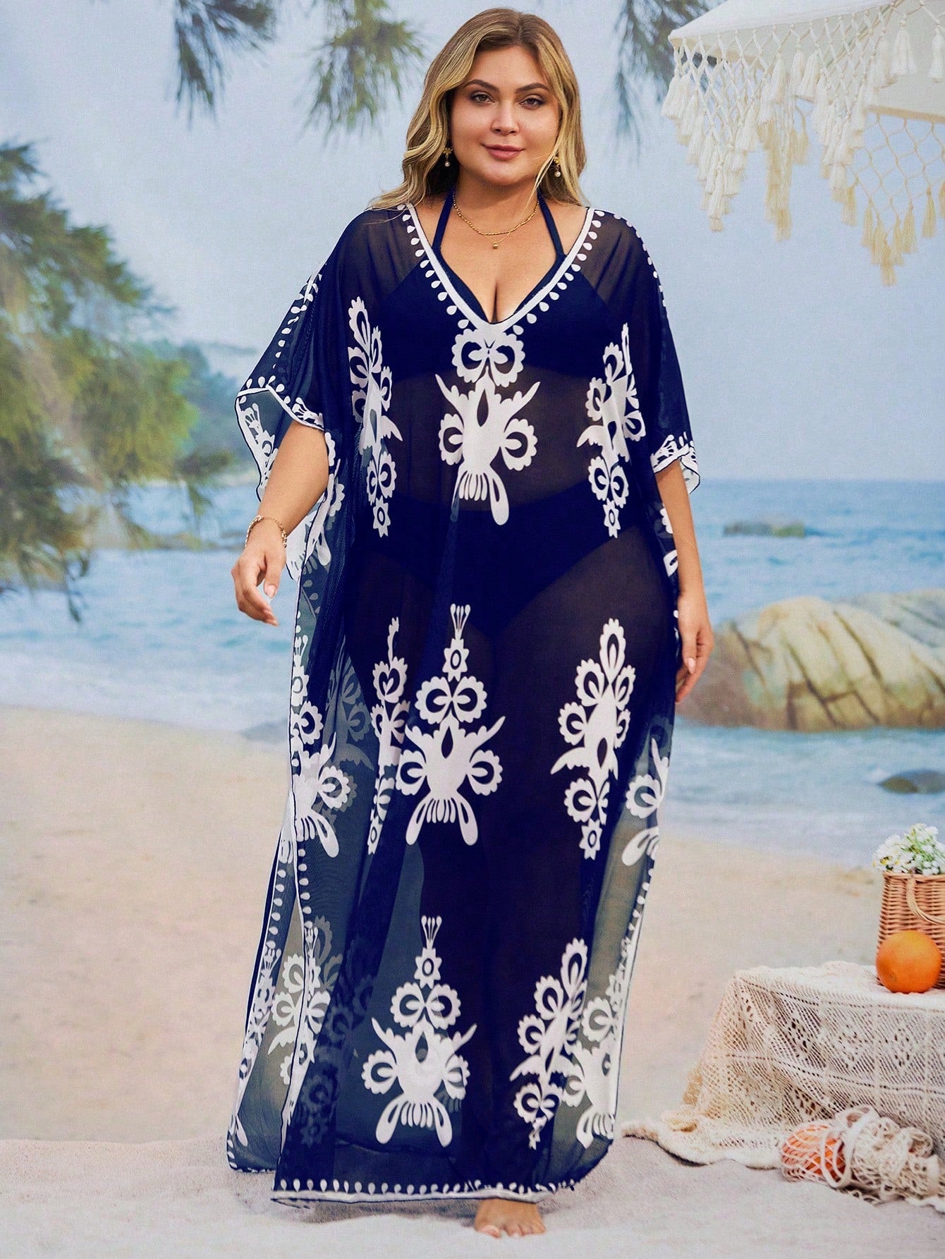 Swim Mulvari Plus Size Loose Fit Printed Kaftan Dress, Middle Eastern Conservative Style, Fashion Beach Cover-Up