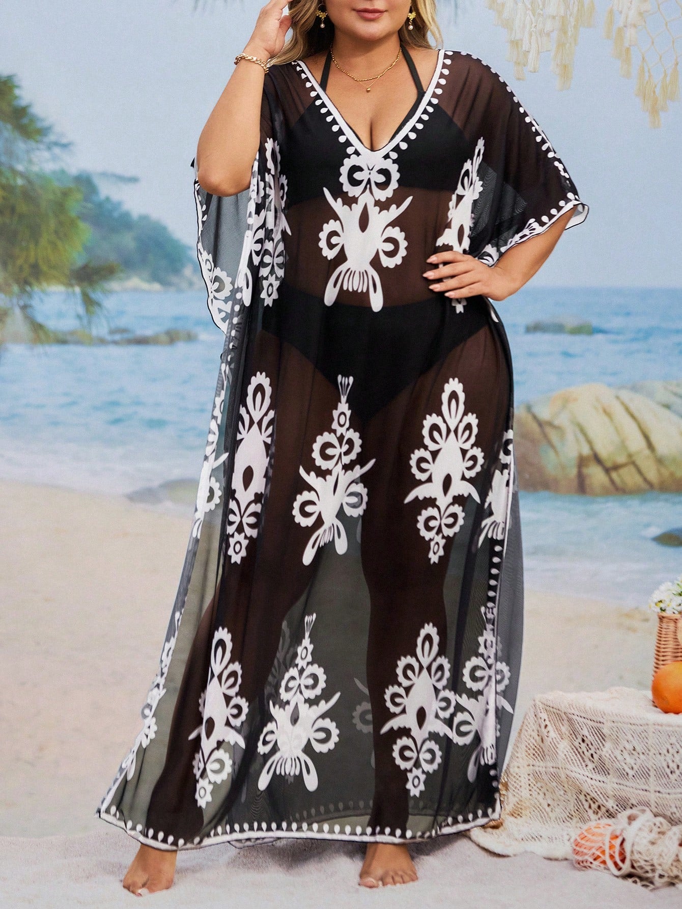 Swim Mulvari Plus Size Loose Fit Printed Kaftan Dress, Middle Eastern Conservative Style, Fashion Beach Cover-Up