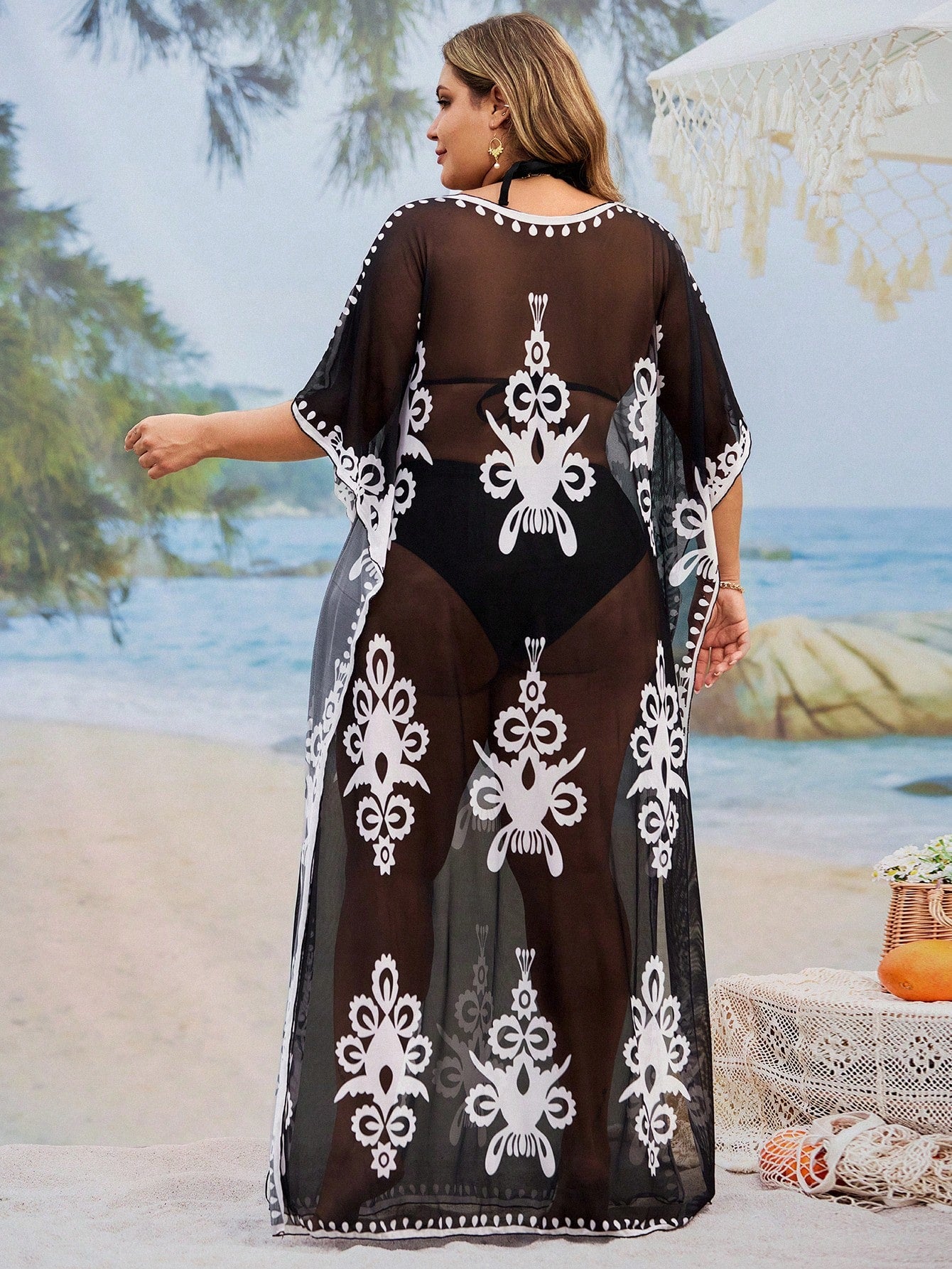 Swim Mulvari Plus Size Loose Fit Printed Kaftan Dress, Middle Eastern Conservative Style, Fashion Beach Cover-Up
