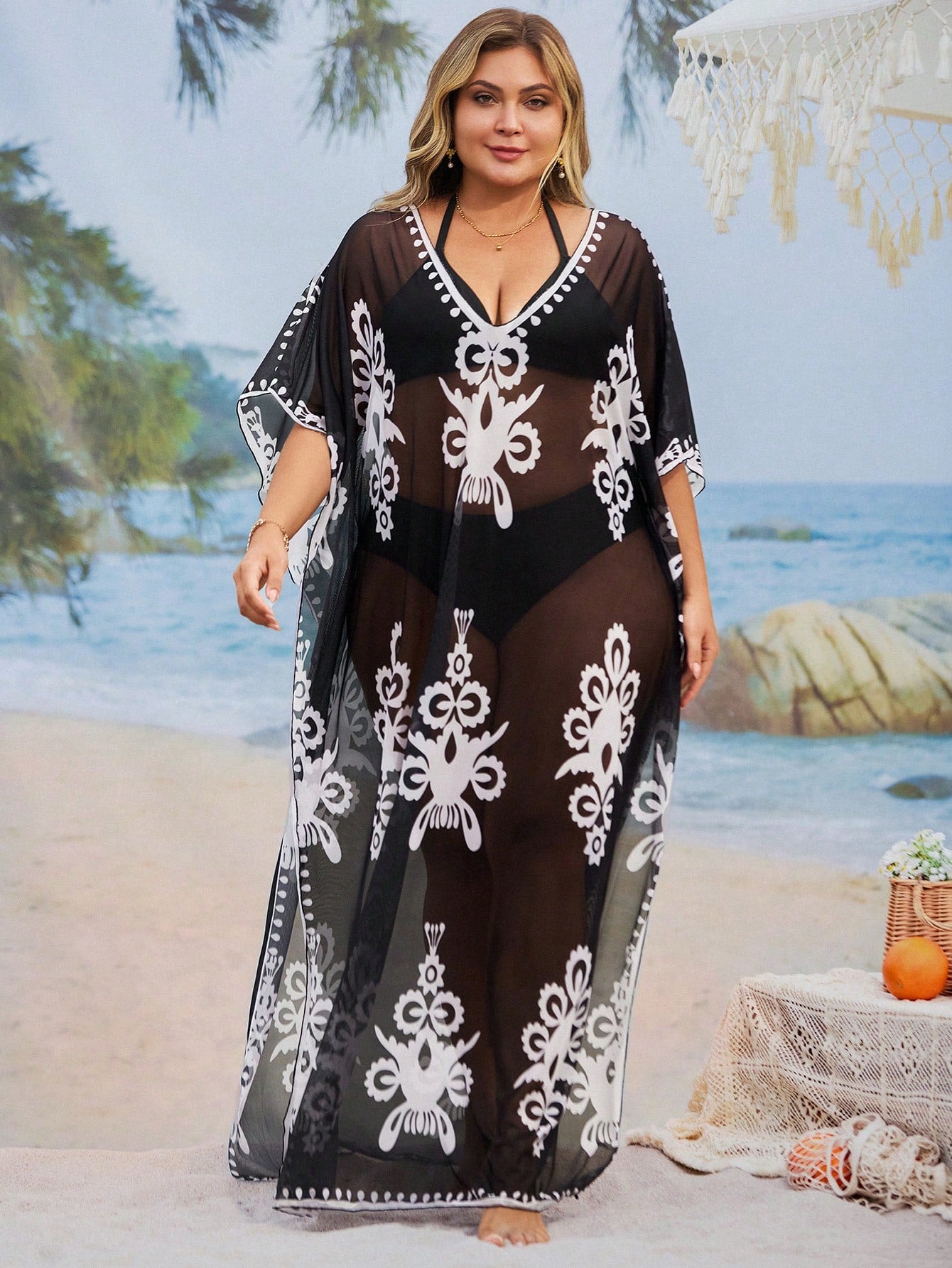 Swim Mulvari Plus Size Loose Fit Printed Kaftan Dress, Middle Eastern Conservative Style, Fashion Beach Cover-Up