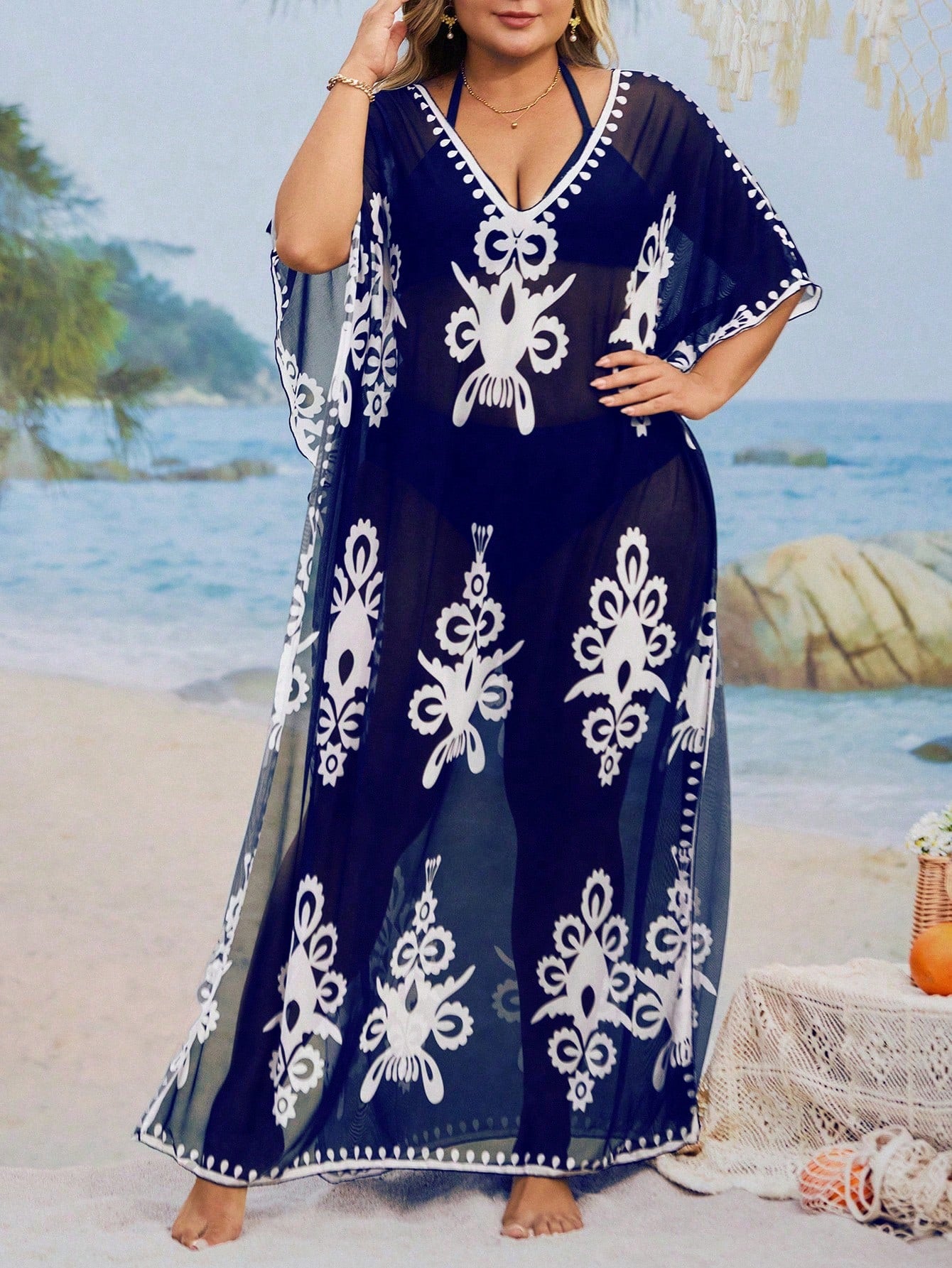 Swim Mulvari Plus Size Loose Fit Printed Kaftan Dress, Middle Eastern Conservative Style, Fashion Beach Cover-Up