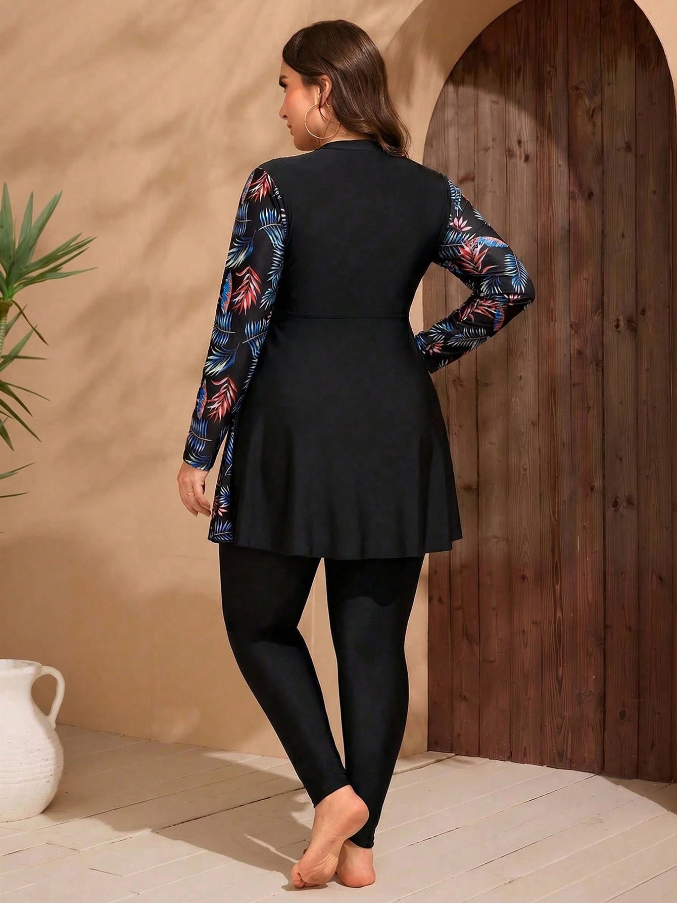 Swim Mulvari Plus Size Modest Swimwear 2-Piece Set, Long Sleeve Printed Dress + Long Pants, Style Concealing Swimwear