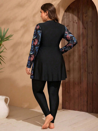 Swim Mulvari Plus Size Modest Swimwear 2-Piece Set, Long Sleeve Printed Dress + Long Pants, Style Concealing Swimwear