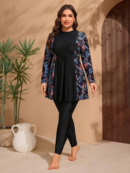 Swim Mulvari Plus Size Modest Swimwear 2-Piece Set, Long Sleeve Printed Dress + Long Pants, Style Concealing Swimwear