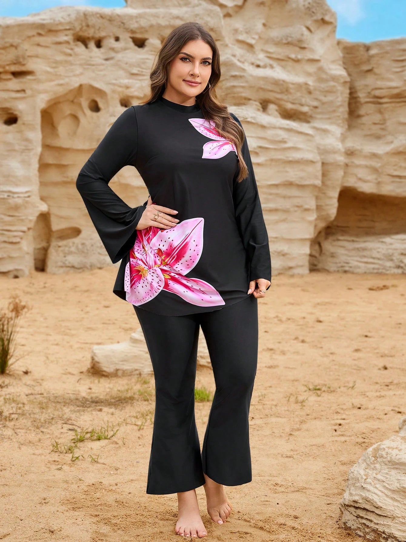 Swim Mulvari Plus Size Women Floral Print Flare Sleeve Burkini Swimwear, Beach & Holiday Style