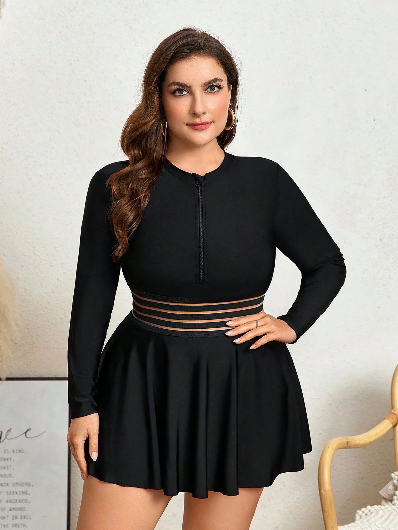 Swim Mulvari Summer Beach Plus Size Zipper Closure Long Sleeve Vest-Style Tankinis