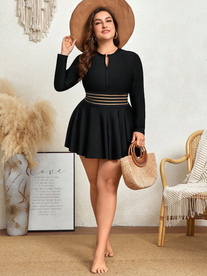 Swim Mulvari Summer Beach Plus Size Zipper Closure Long Sleeve Vest-Style Tankinis
