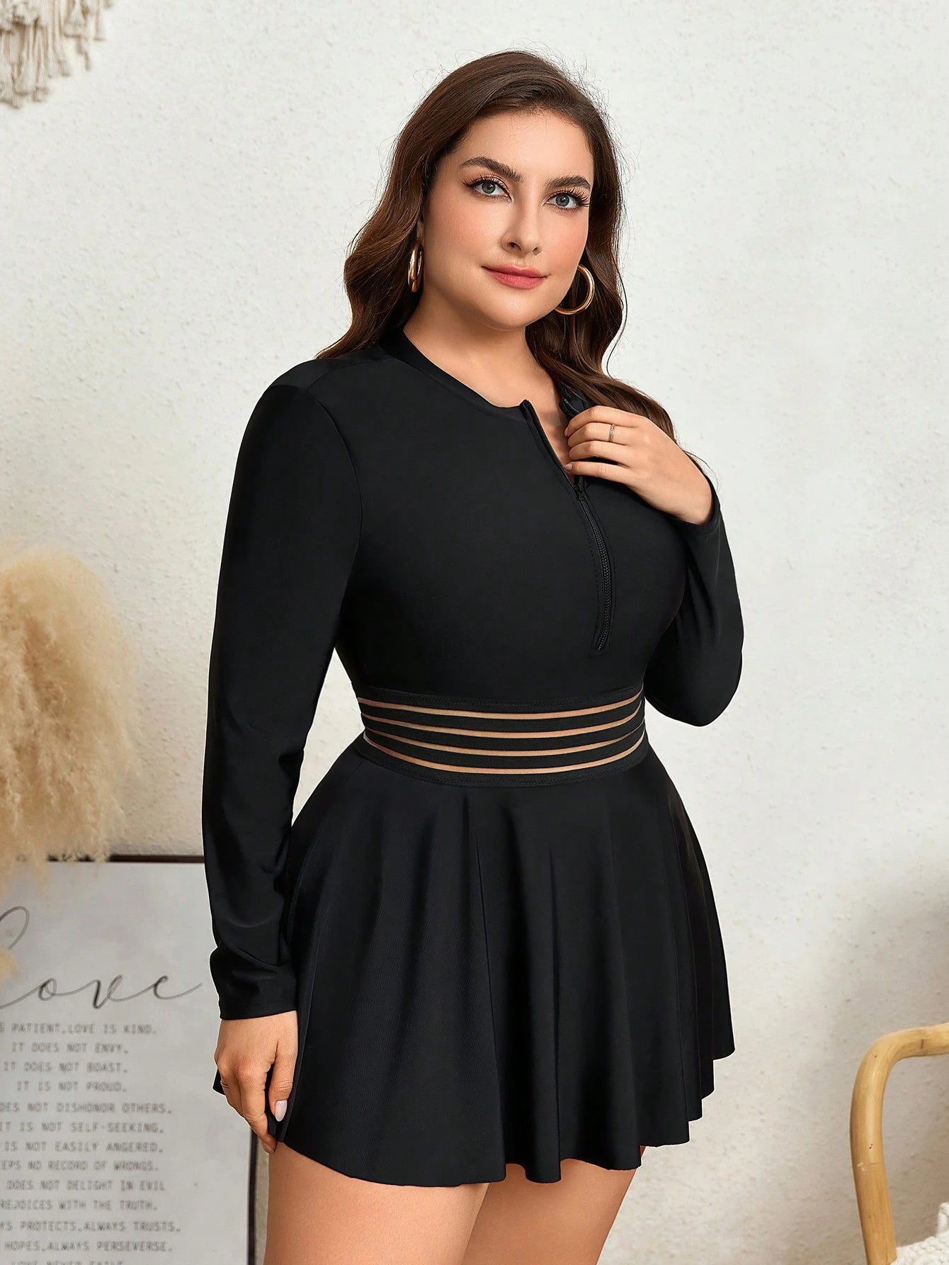 Swim Mulvari Summer Beach Plus Size Zipper Closure Long Sleeve Vest-Style Tankinis