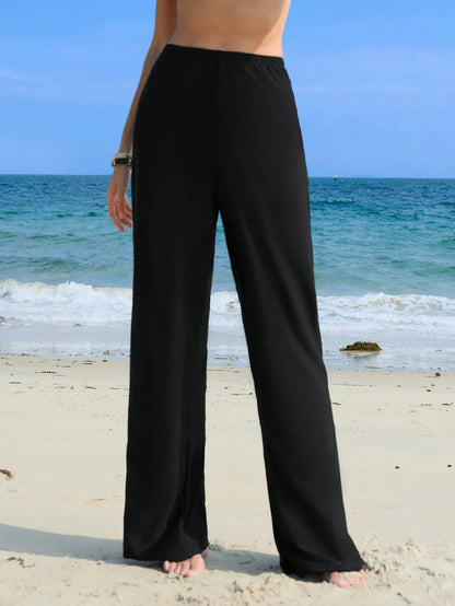 Swim Mulvari Women's Solid Color Elastic Waist Long Pants, Bikini Bottom For Summer Beach Vacation