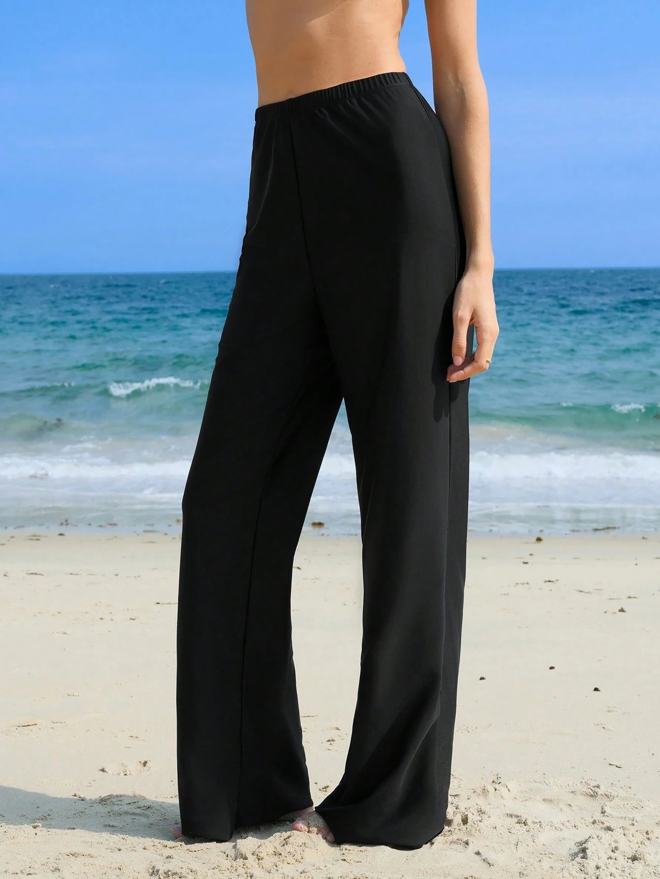 Swim Mulvari Women's Solid Color Elastic Waist Long Pants, Bikini Bottom For Summer Beach Vacation