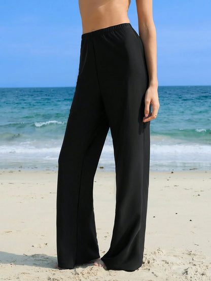 Swim Mulvari Women's Solid Color Elastic Waist Long Pants, Bikini Bottom For Summer Beach Vacation