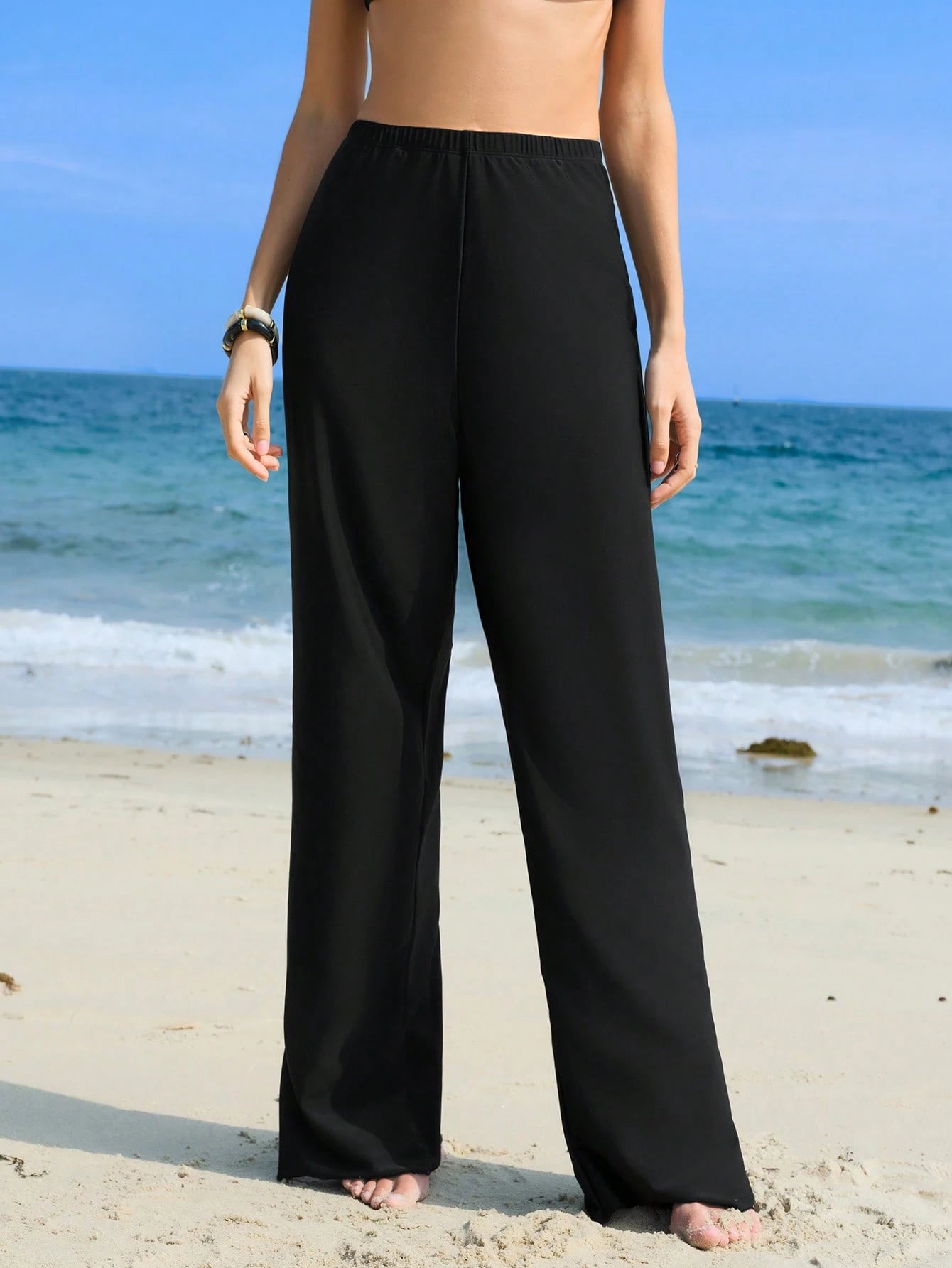 Swim Mulvari Women's Solid Color Elastic Waist Long Pants, Bikini Bottom For Summer Beach Vacation