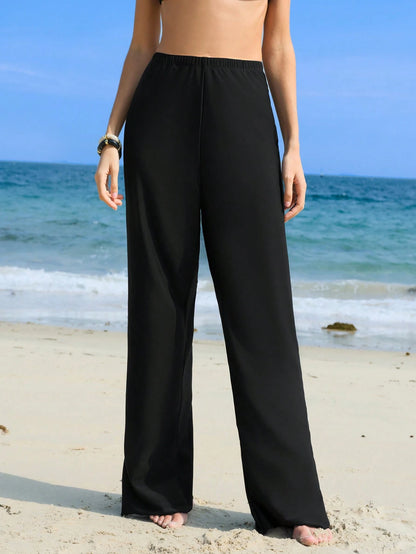 Swim Mulvari Women's Solid Color Elastic Waist Long Pants, Bikini Bottom For Summer Beach Vacation