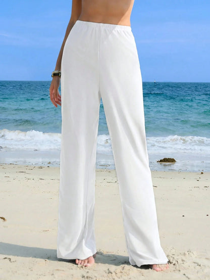 Swim Mulvari Women's Solid Color Elastic Waist Long Pants, Bikini Bottom For Summer Beach Vacation