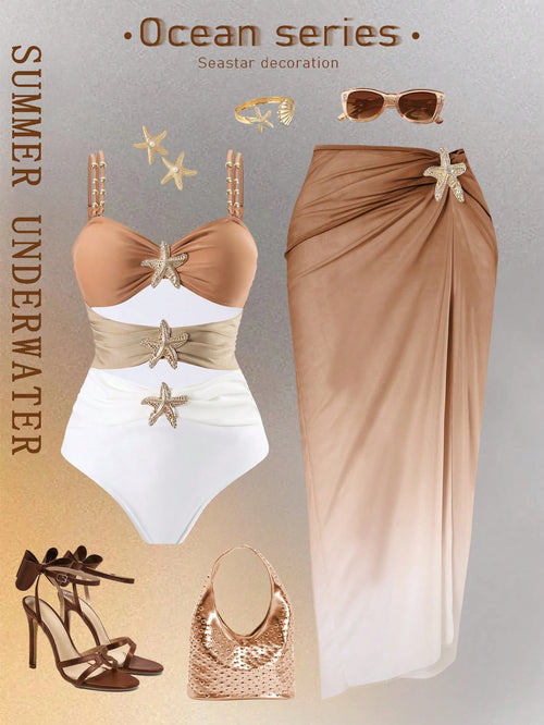 Swim Oasis 1pc/2pcs Plus Size Women's One-Piece Swimsuit & Skirt Set, Metallic Starfish Decor Minimalist Design Outfit For Daily Wear, Vacation & Beach, Summer