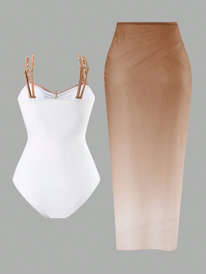 Swim Oasis 1pc/2pcs Plus Size Women's One-Piece Swimsuit & Skirt Set, Metallic Starfish Decor Minimalist Design Outfit For Daily Wear, Vacation & Beach, Summer