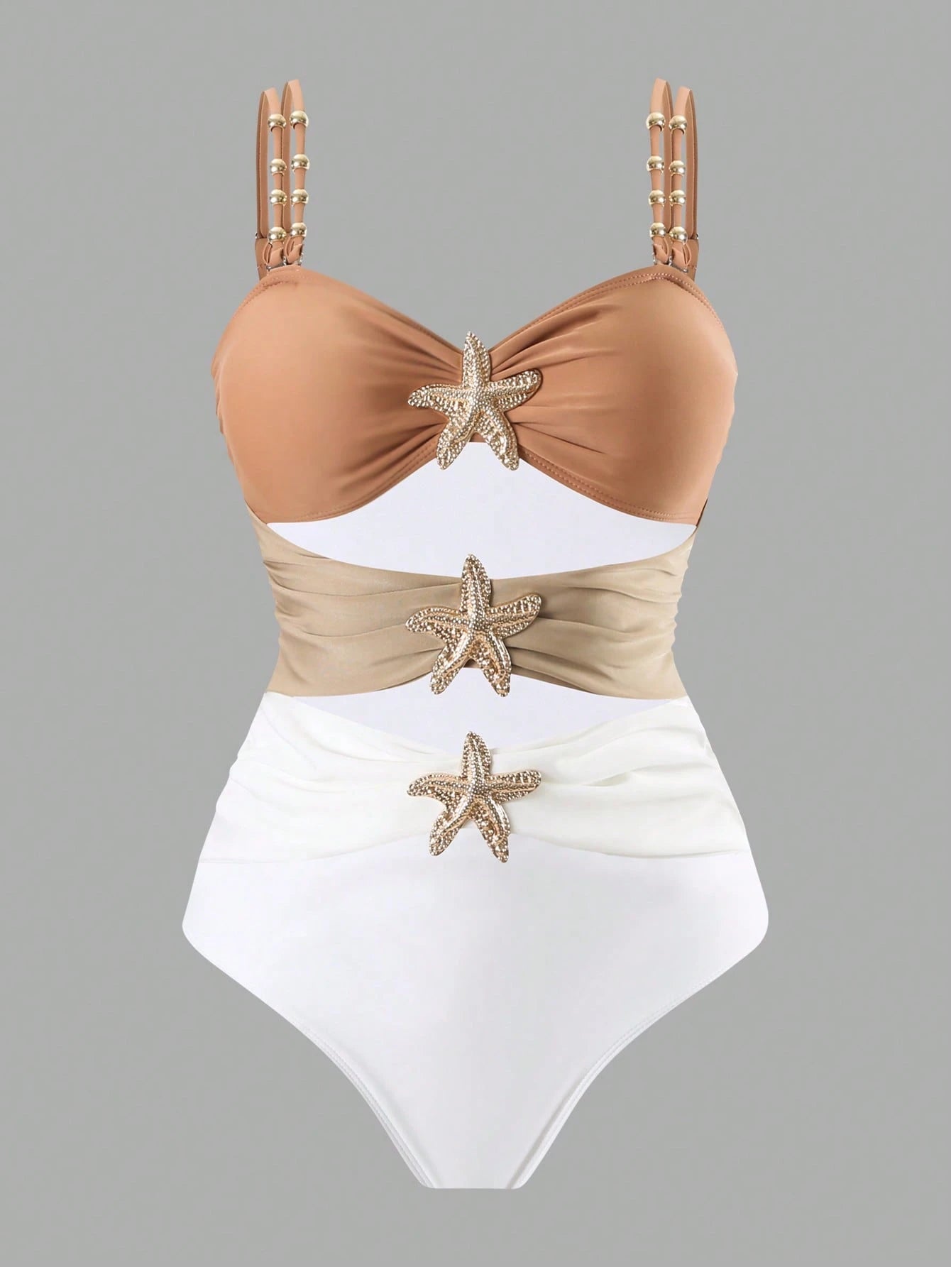 Swim Oasis 1pc/2pcs Plus Size Women's One-Piece Swimsuit & Skirt Set, Metallic Starfish Decor Minimalist Design Outfit For Daily Wear, Vacation & Beach, Summer