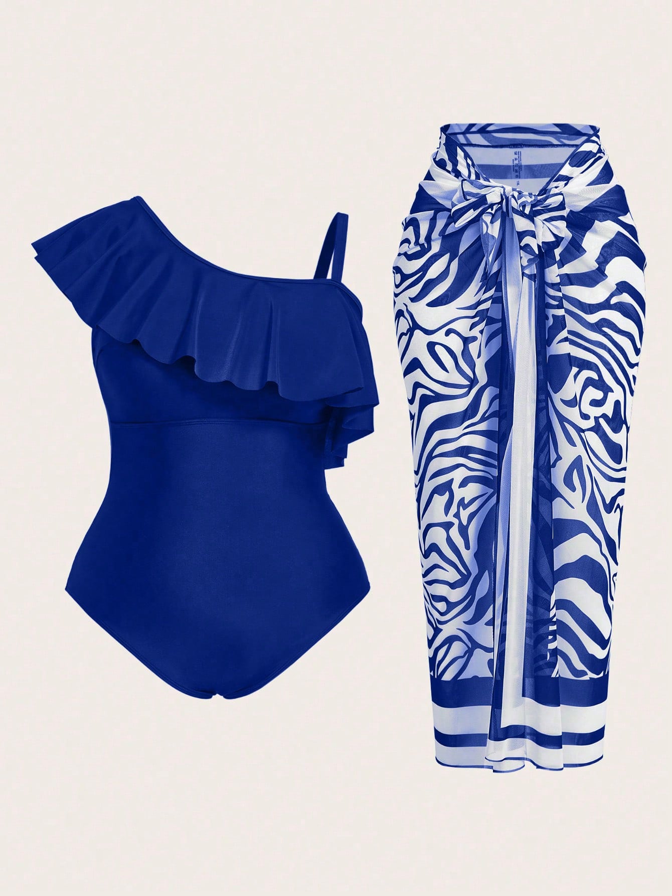Swim Oasis 2-Pc Plus Size Solid Color Ruffle Asymmetrical Neck One-Piece Swimsuit With Zebra Print Kimono Top And Mini Skirt Summer