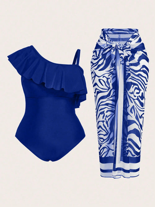 Swim Oasis 2-Pc Plus Size Solid Color Ruffle Asymmetrical Neck One-Piece Swimsuit With Zebra Print Kimono Top And Mini Skirt Summer