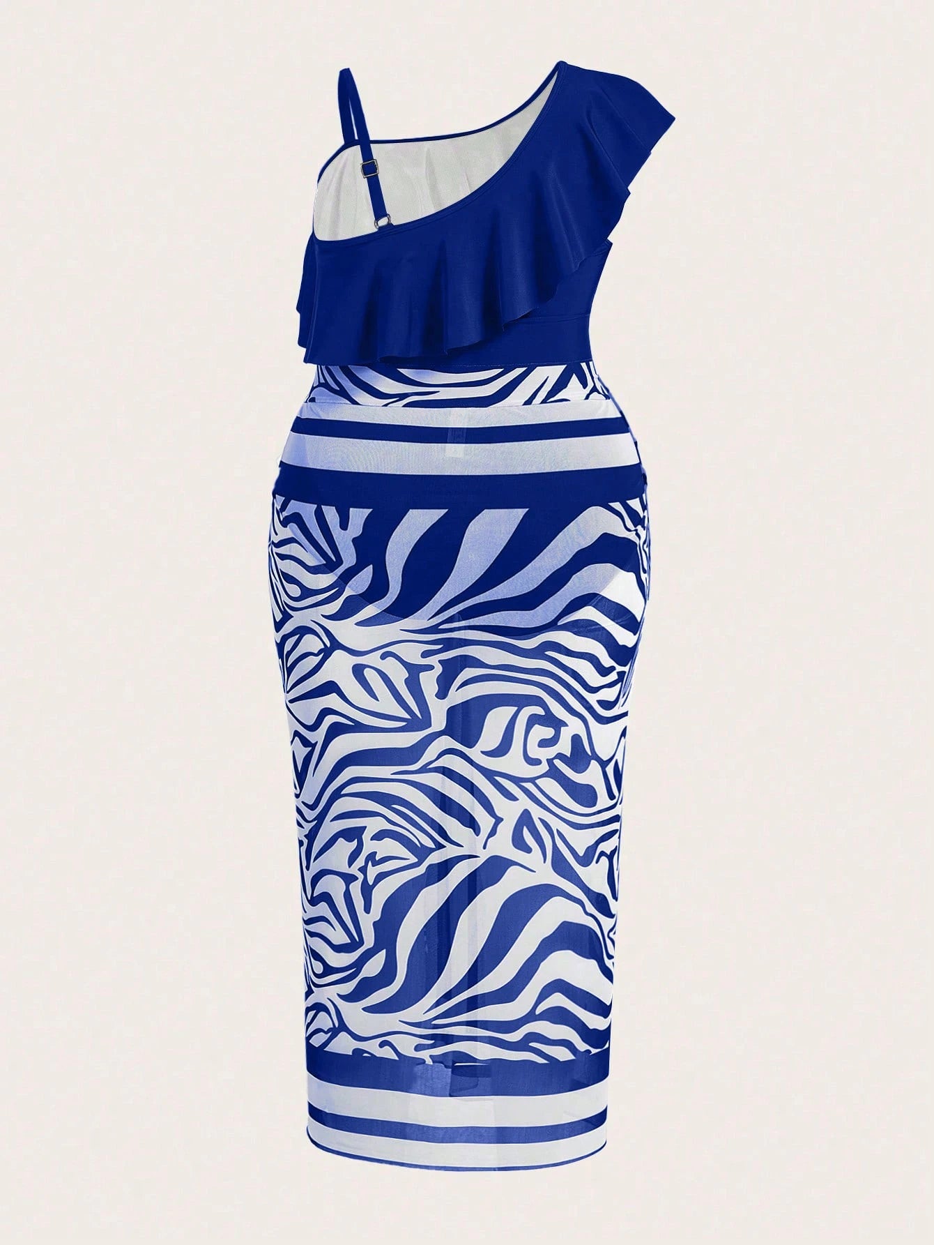 Swim Oasis 2-Pc Plus Size Solid Color Ruffle Asymmetrical Neck One-Piece Swimsuit With Zebra Print Kimono Top And Mini Skirt Summer