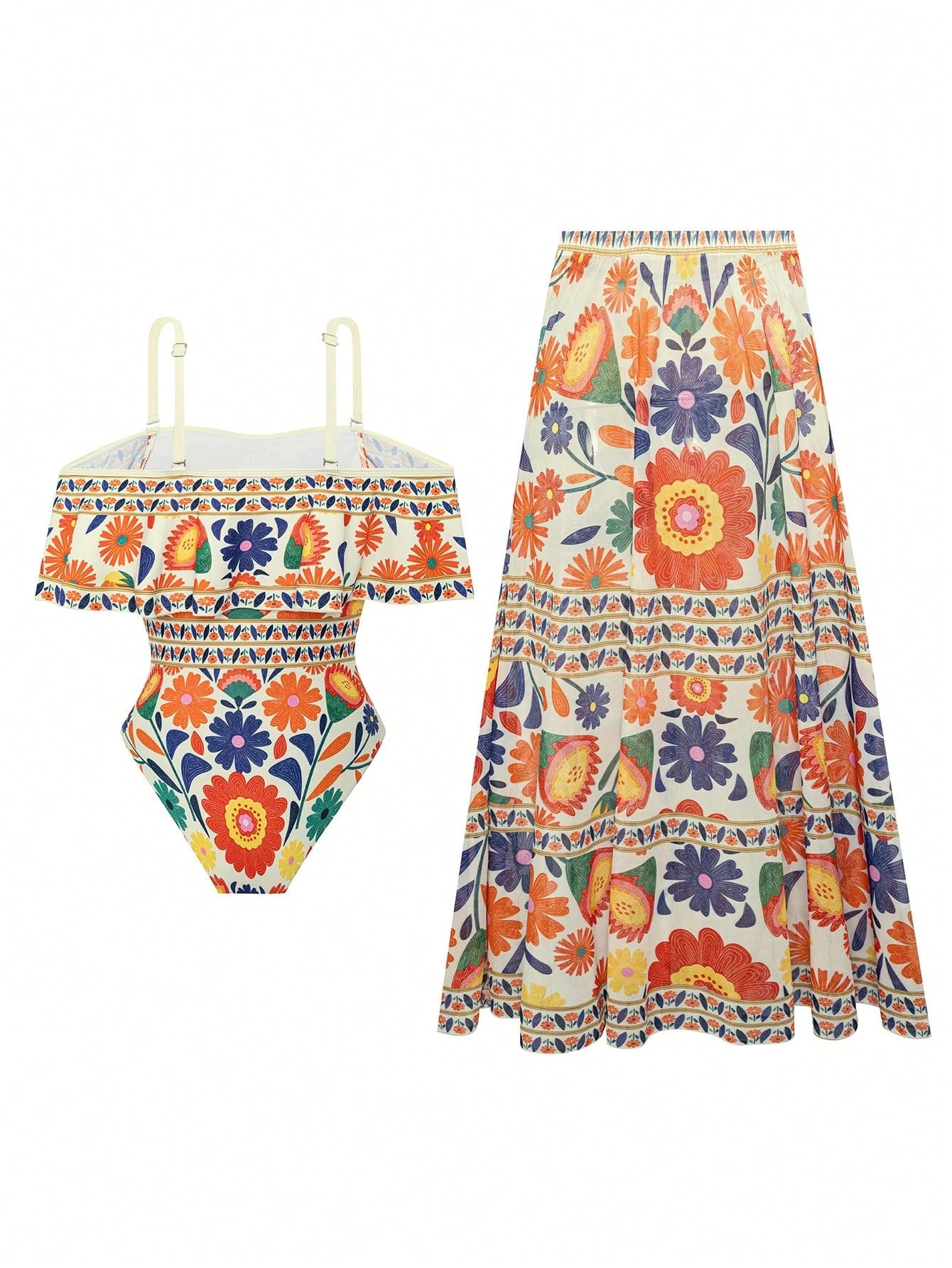 Swim Oasis 2026 New Spring/Summer Plus Size 2-Piece Set Women's Elegant Vintage Open Shoulder Detachable Strap One-Piece Swimsuit And Skirt Combination Suitable For Beach Vacation