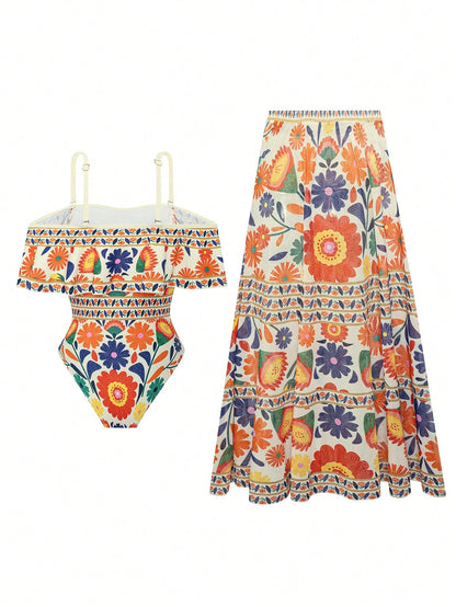Swim Oasis 2026 New Spring/Summer Plus Size 2-Piece Set Women's Elegant Vintage Open Shoulder Detachable Strap One-Piece Swimsuit And Skirt Combination Suitable For Beach Vacation