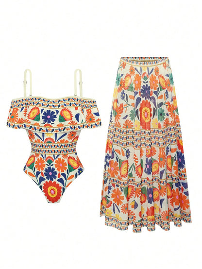 Swim Oasis 2026 New Spring/Summer Plus Size 2-Piece Set Women's Elegant Vintage Open Shoulder Detachable Strap One-Piece Swimsuit And Skirt Combination Suitable For Beach Vacation