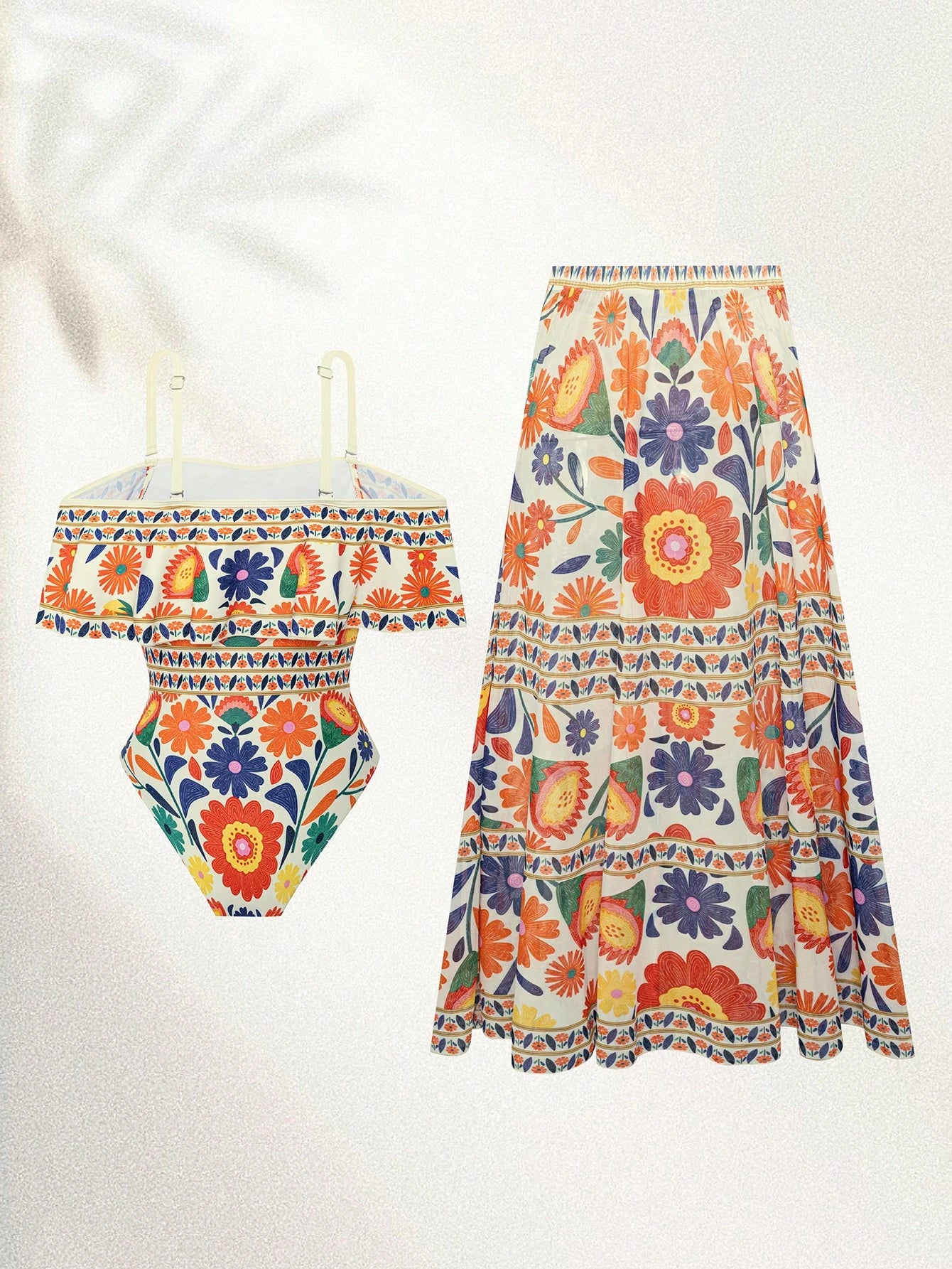 Swim Oasis 2026 New Spring/Summer Plus Size 2-Piece Set Women's Elegant Vintage Open Shoulder Detachable Strap One-Piece Swimsuit And Skirt Combination Suitable For Beach Vacation