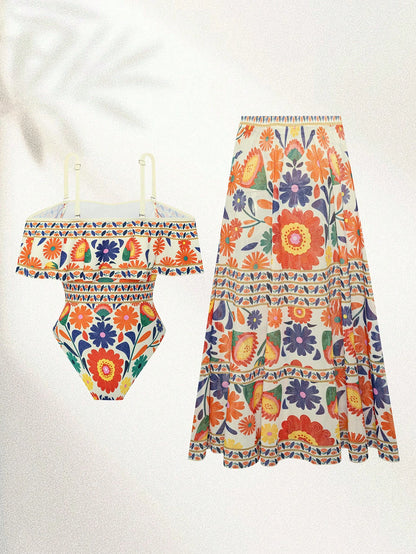 Swim Oasis 2026 New Spring/Summer Plus Size 2-Piece Set Women's Elegant Vintage Open Shoulder Detachable Strap One-Piece Swimsuit And Skirt Combination Suitable For Beach Vacation