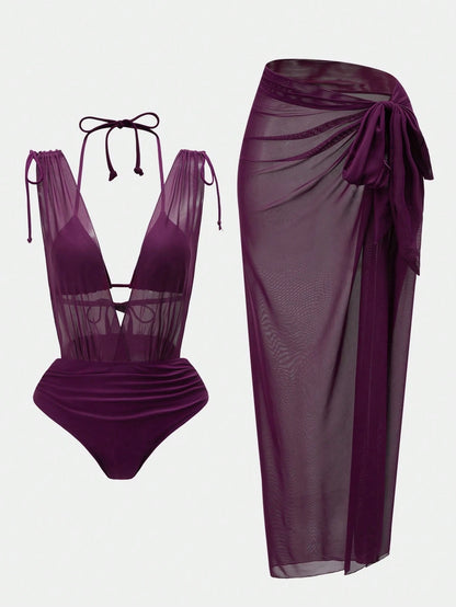 Swim Oasis 26SS Spring/Summer Solid Color Casual Vacation One-Piece Swimsuit For Women, With Cover Skirt
