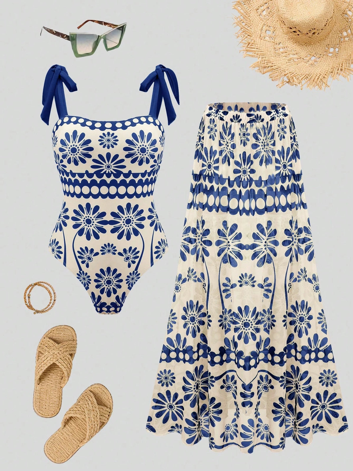 Swim Oasis 26SS Summer Holiday Beach Holiday Vacation BOHO Beige Floral One-Piece Swimsuit Skirt Set