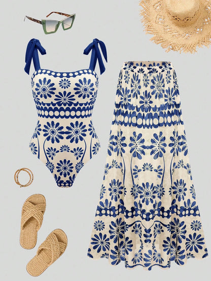 Swim Oasis 26SS Summer Holiday Beach Holiday Vacation BOHO Beige Floral One-Piece Swimsuit Skirt Set