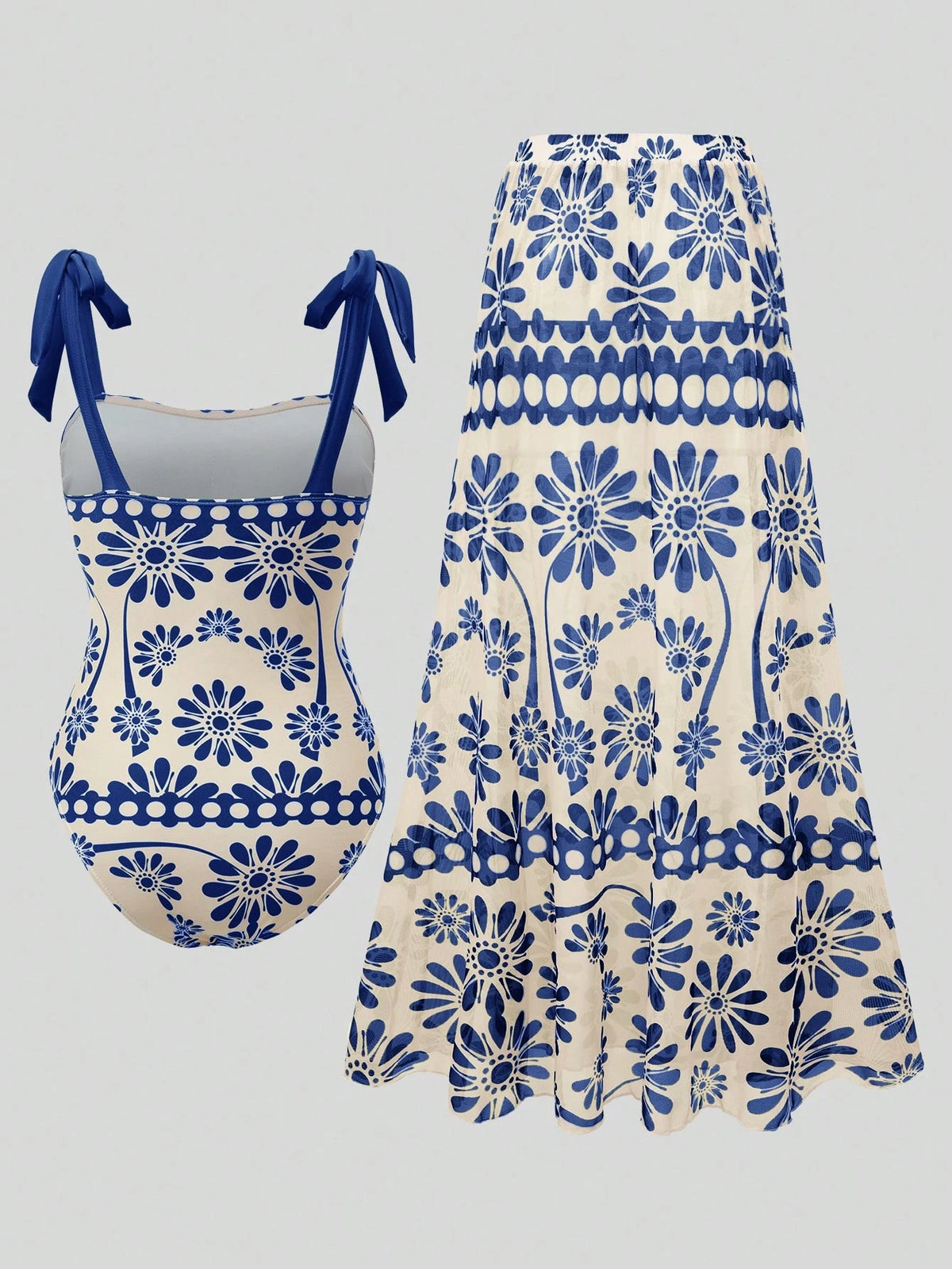 Swim Oasis 26SS Summer Holiday Beach Holiday Vacation BOHO Beige Floral One-Piece Swimsuit Skirt Set