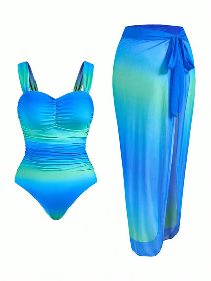 Swim Oasis 2pcs Plus Size Women's Fashion Ombre Ruched One Piece Swimsuit For Summer Beach Vacation