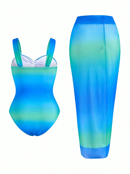 Swim Oasis 2pcs Plus Size Women's Fashion Ombre Ruched One Piece Swimsuit For Summer Beach Vacation