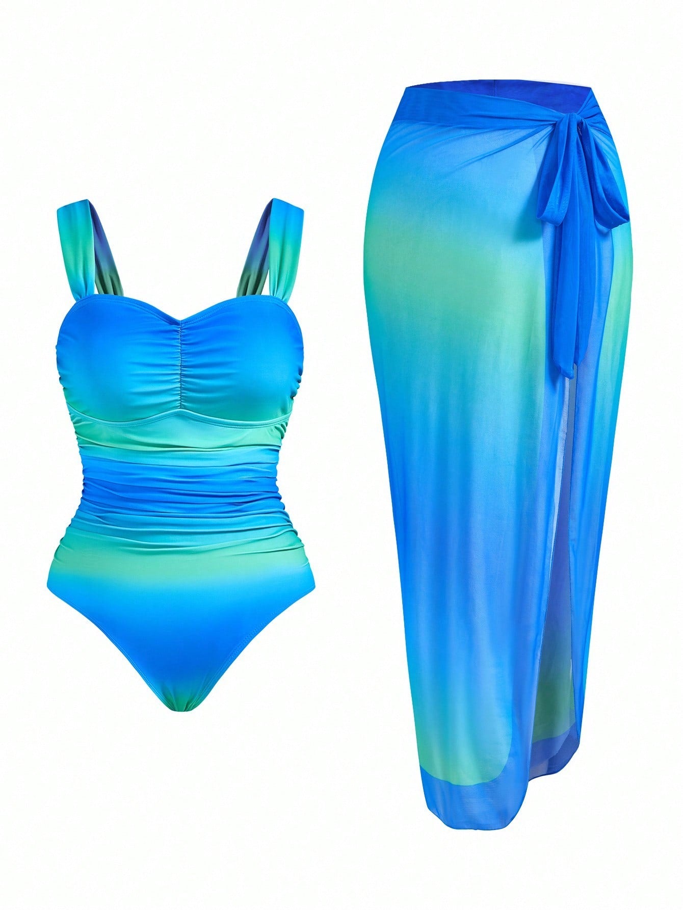 Swim Oasis 2pcs Plus Size Women's Fashion Ombre Ruched One Piece Swimsuit For Summer Beach Vacation