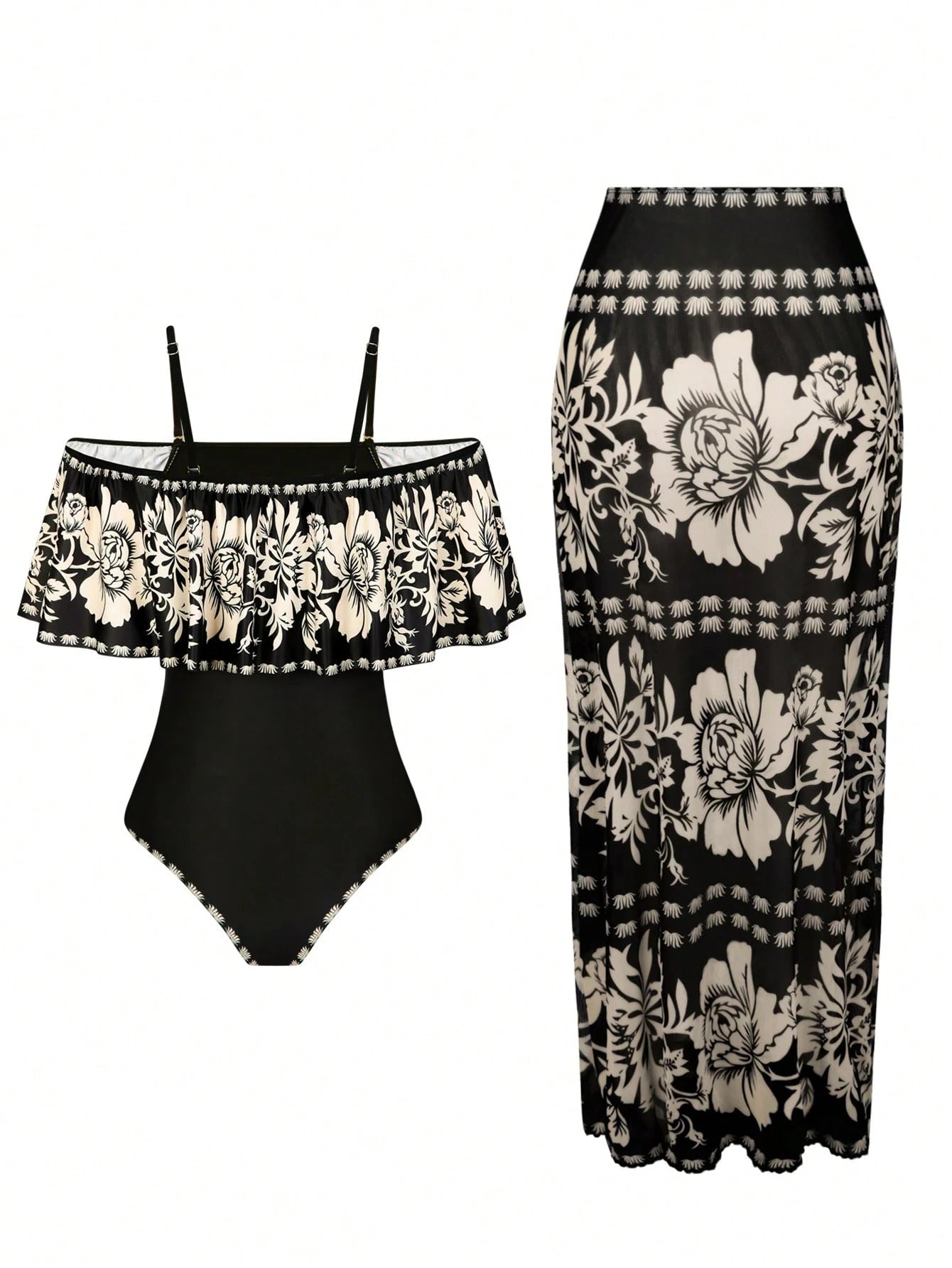 Swim Oasis 2pcs/Set Summer Fashion 3D Print Design High-End Bestselling Ruffled One-Piece Swimsuit With Beach Cover-Up Dress