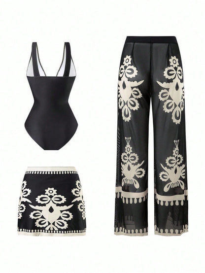 Swim Oasis 3pcs/Set Plus Size One-Piece Swimsuit, Minimalist Daily Summer Women Beach Outfit