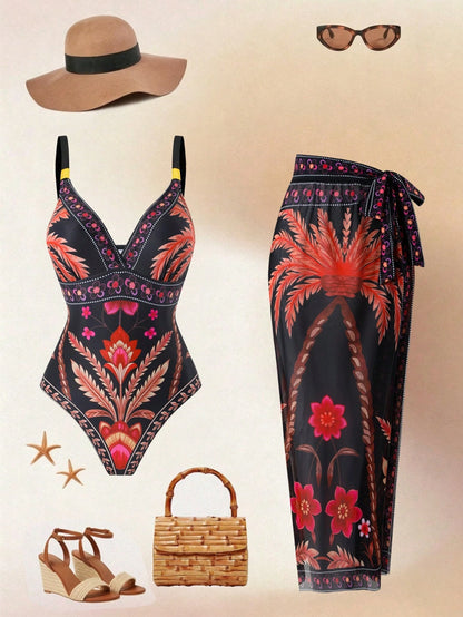 Swim Oasis Plus Size Black Floral Coconut Tree Print One-Piece Swimsuit With Matching Side Tie Skirt,Boho,Beach,Holiday,Summer,Multicolor,V-Neck Wide Strap Wear