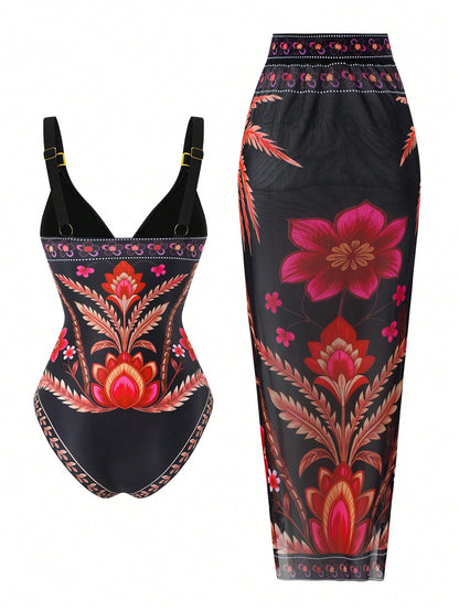 Swim Oasis Plus Size Black Floral Coconut Tree Print One-Piece Swimsuit With Matching Side Tie Skirt,Boho,Beach,Holiday,Summer,Multicolor,V-Neck Wide Strap Wear