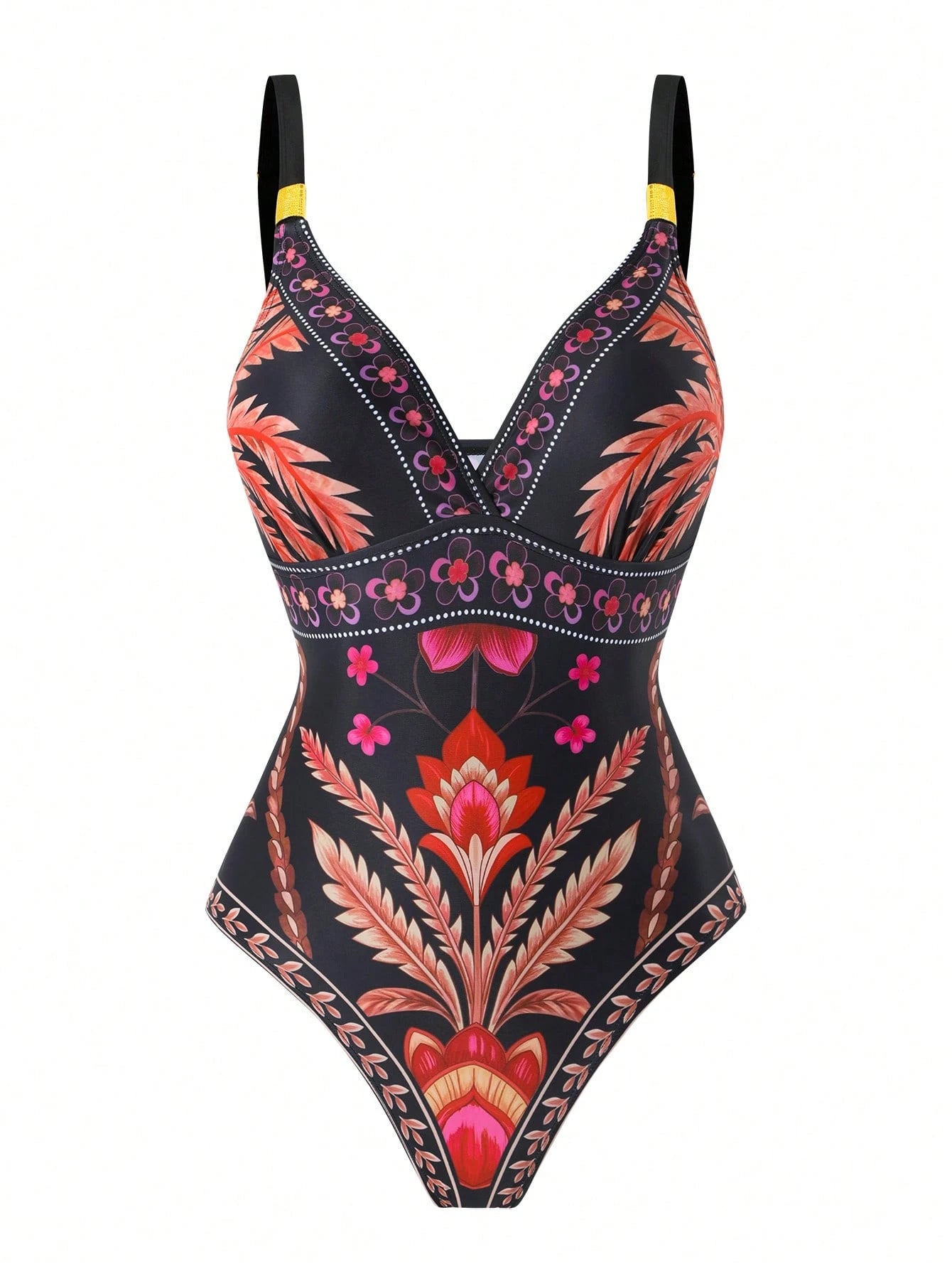 Swim Oasis Plus Size Black Floral Coconut Tree Print One-Piece Swimsuit With Matching Side Tie Skirt,Boho,Beach,Holiday,Summer,Multicolor,V-Neck Wide Strap Wear