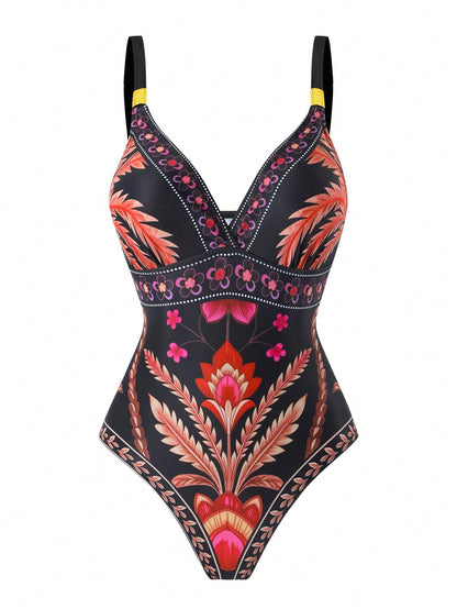 Swim Oasis Plus Size Black Floral Coconut Tree Print One-Piece Swimsuit With Matching Side Tie Skirt,Boho,Beach,Holiday,Summer,Multicolor,V-Neck Wide Strap Wear