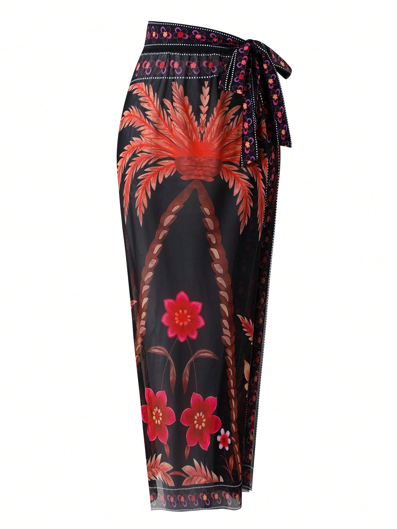 Swim Oasis Plus Size Black Floral Coconut Tree Print One-Piece Swimsuit With Matching Side Tie Skirt,Boho,Beach,Holiday,Summer,Multicolor,V-Neck Wide Strap Wear