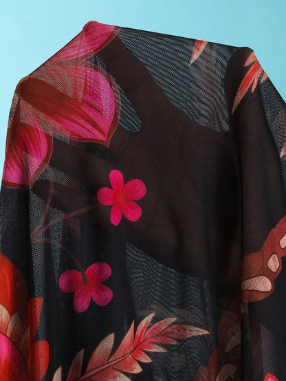 Swim Oasis Plus Size Black Floral Coconut Tree Print One-Piece Swimsuit With Matching Side Tie Skirt,Boho,Beach,Holiday,Summer,Multicolor,V-Neck Wide Strap Wear