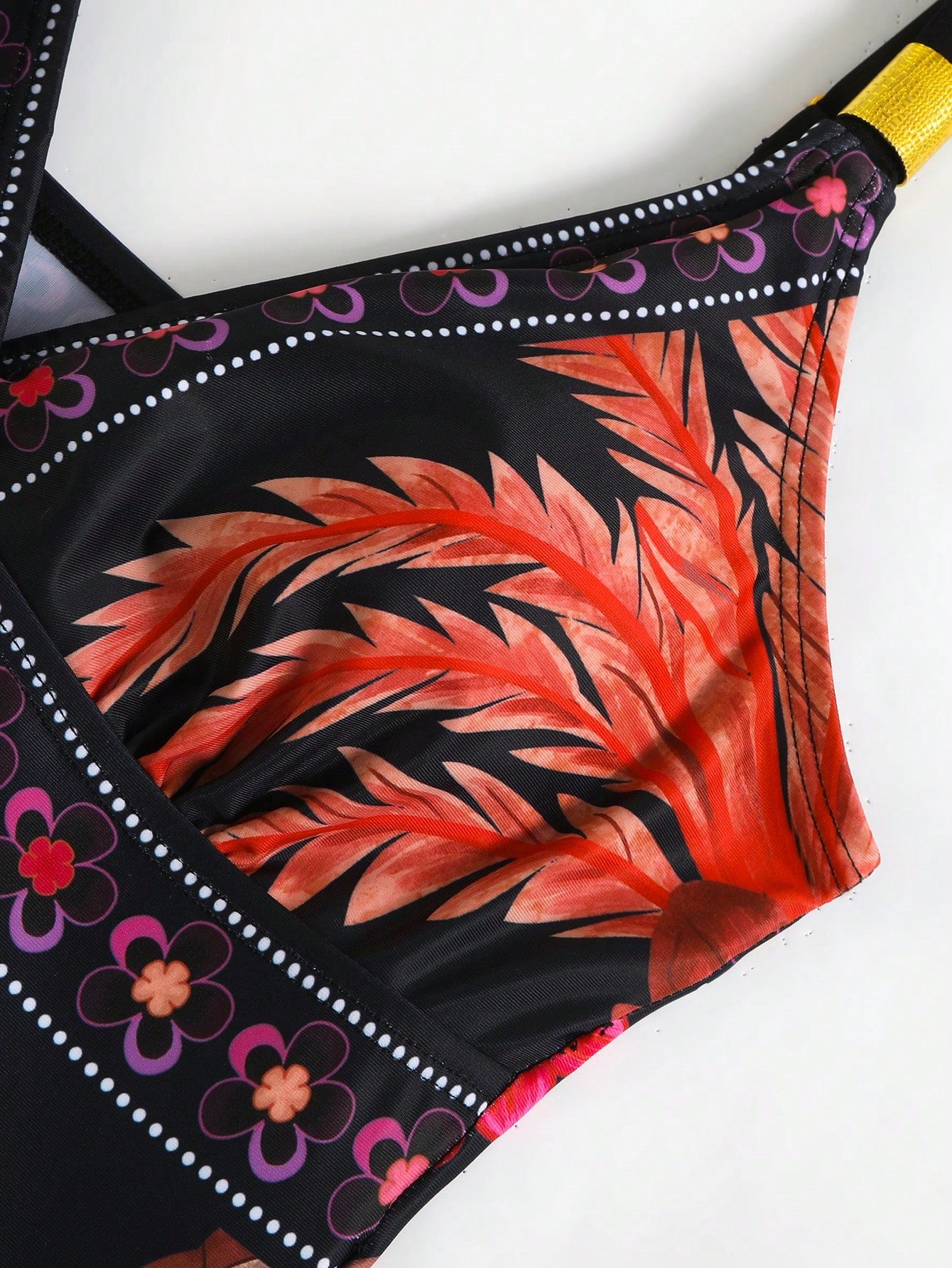Swim Oasis Plus Size Black Floral Coconut Tree Print One-Piece Swimsuit With Matching Side Tie Skirt,Boho,Beach,Holiday,Summer,Multicolor,V-Neck Wide Strap Wear