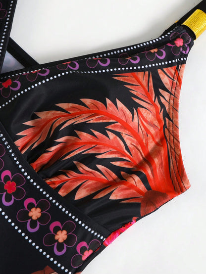 Swim Oasis Plus Size Black Floral Coconut Tree Print One-Piece Swimsuit With Matching Side Tie Skirt,Boho,Beach,Holiday,Summer,Multicolor,V-Neck Wide Strap Wear