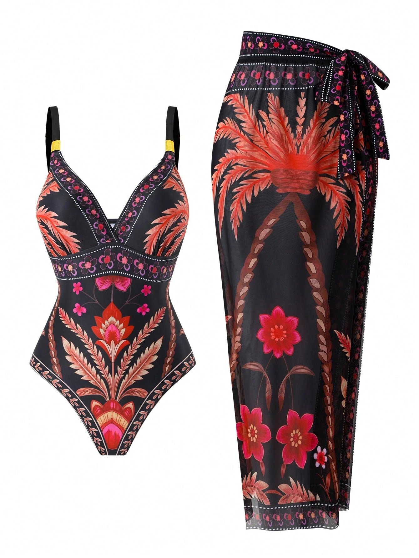 Swim Oasis Plus Size Black Floral Coconut Tree Print One-Piece Swimsuit With Matching Side Tie Skirt,Boho,Beach,Holiday,Summer,Multicolor,V-Neck Wide Strap Wear